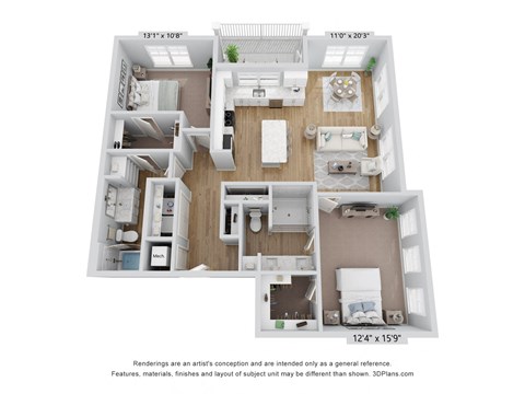 Floor plan for 2 beds, 2 baths, 1318 sqft
